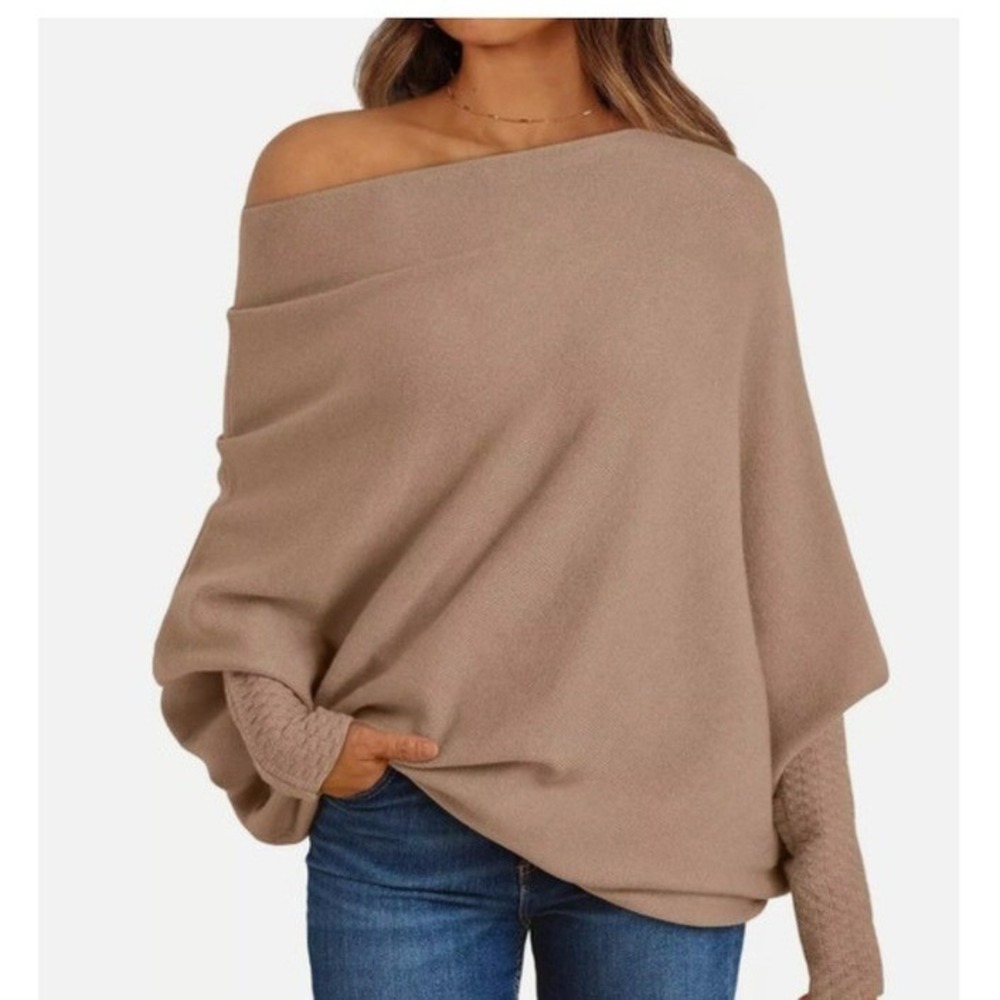 Womens Batwing Sleeve Off Shoulder Asymmetrical Knit Sweater Taupe Brown